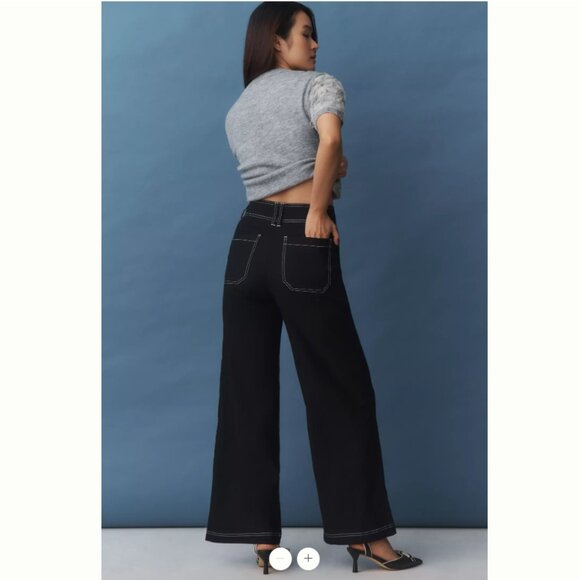 NWT Maeve Linen Blend Top-Stitch Wide-Leg Pants | Black | Size 0 - Picture 3 of 5